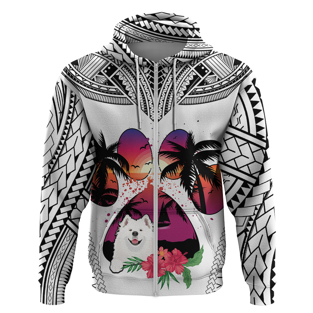Polynesian Hoodie Dog Lover With Samoyed - Sunset At The Beach White Ver - Wonder Print Shop
