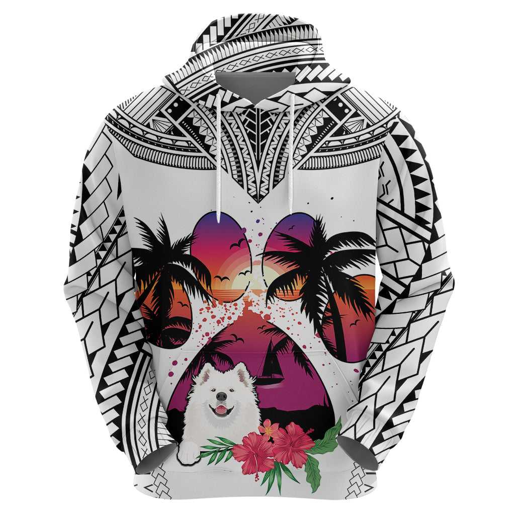 Polynesian Hoodie Dog Lover With Samoyed - Sunset At The Beach White Ver - Wonder Print Shop
