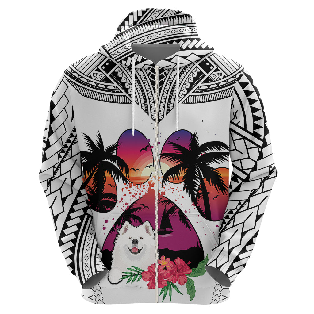 Polynesian Hoodie Dog Lover With Samoyed - Sunset At The Beach White Ver - Wonder Print Shop
