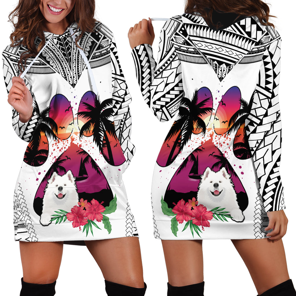 Polynesian Hoodie Dress Dog Lover With Samoyed - Sunset At The Beach White Ver - Wonder Print Shop
