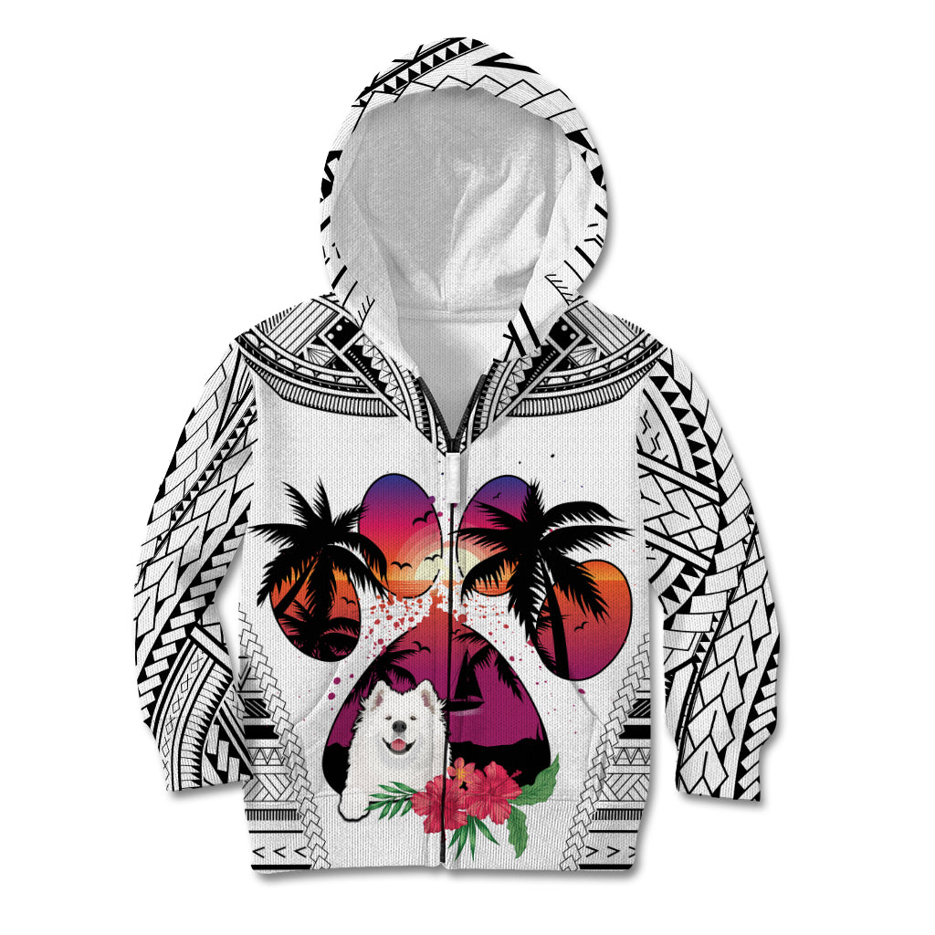Polynesian Kid Hoodie Dog Lover With Samoyed - Sunset At The Beach White Ver - Wonder Print Shop