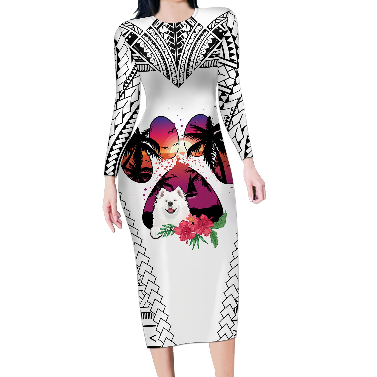 Polynesian Long Sleeve Bodycon Dress Dog Lover With Samoyed - Sunset At The Beach White Ver - Wonder Print Shop