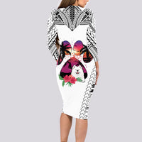 Polynesian Long Sleeve Bodycon Dress Dog Lover With Samoyed - Sunset At The Beach White Ver - Wonder Print Shop