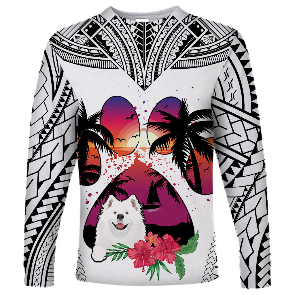 Polynesian Long Sleeve Shirt Dog Lover With Samoyed - Sunset At The Beach White Ver - Wonder Print Shop