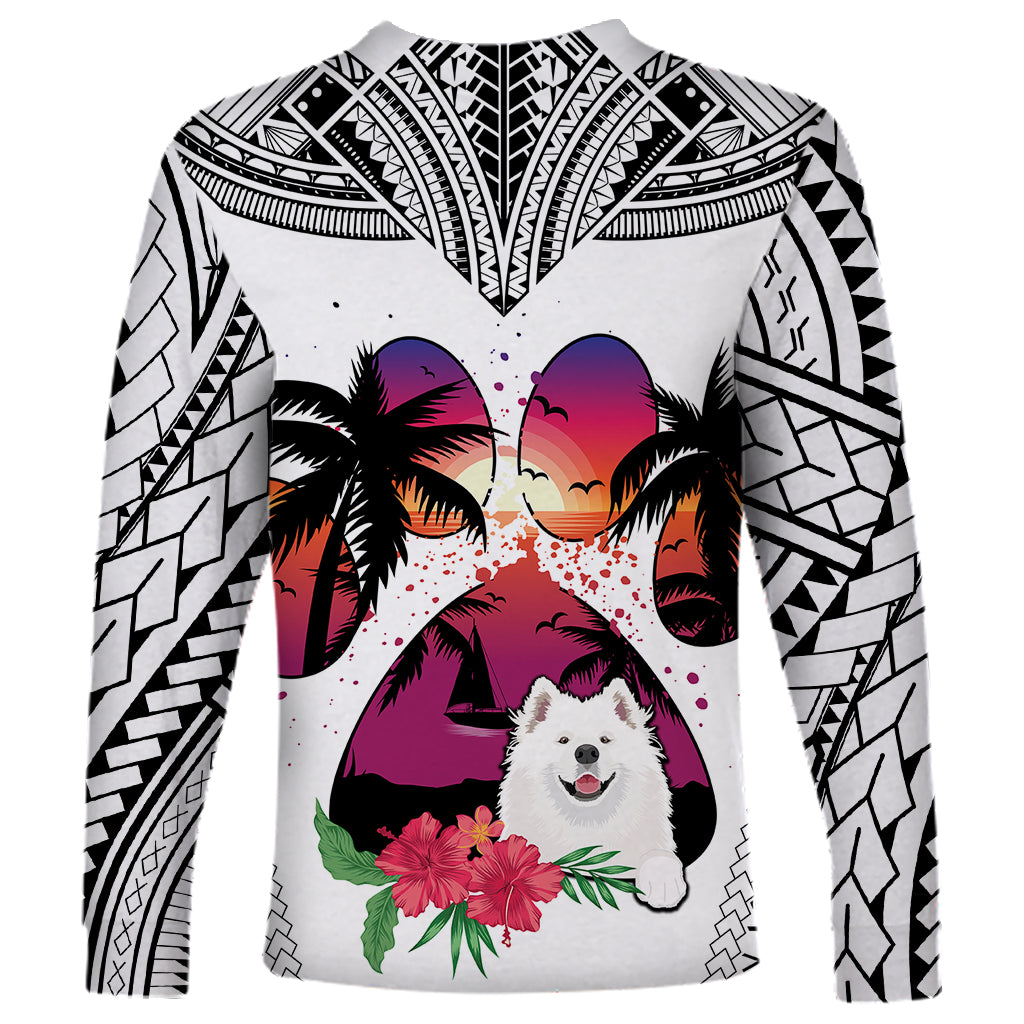 Polynesian Long Sleeve Shirt Dog Lover With Samoyed - Sunset At The Beach White Ver - Wonder Print Shop