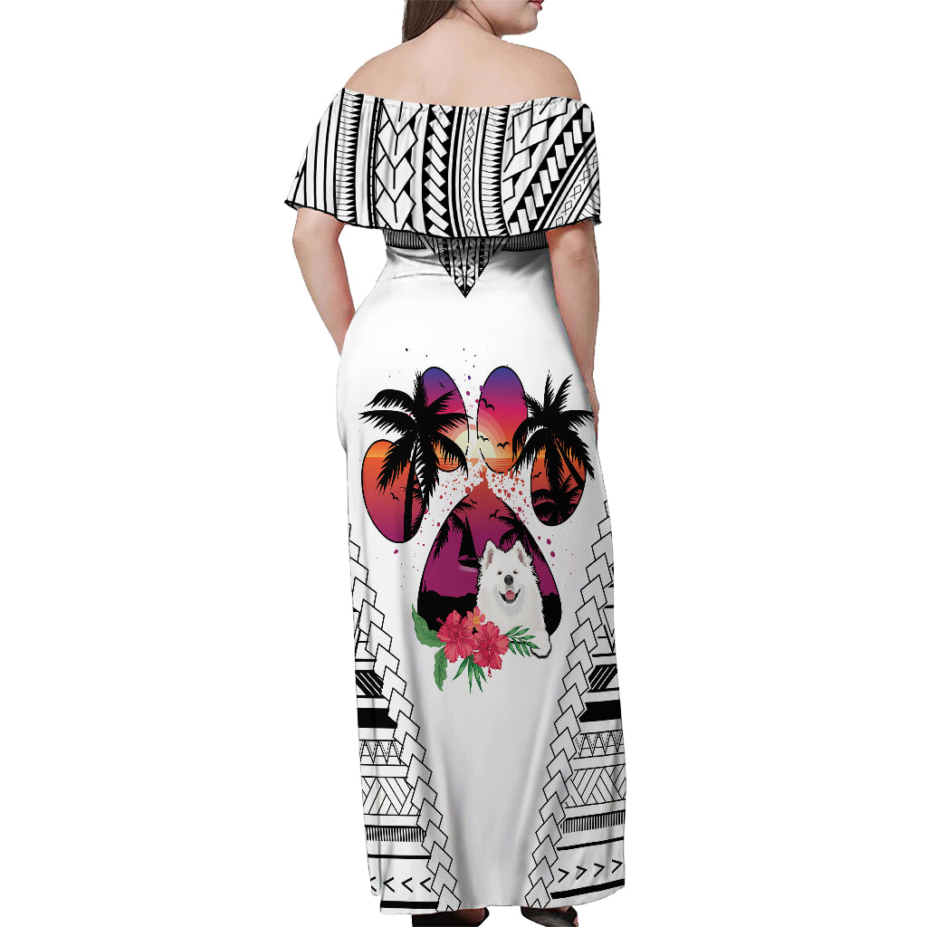 Polynesian Off Shoulder Maxi Dress Dog Lover With Samoyed - Sunset At The Beach White Ver - Wonder Print Shop