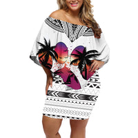 Polynesian Off Shoulder Short Dress Dog Lover With Samoyed - Sunset At The Beach White Ver - Wonder Print Shop