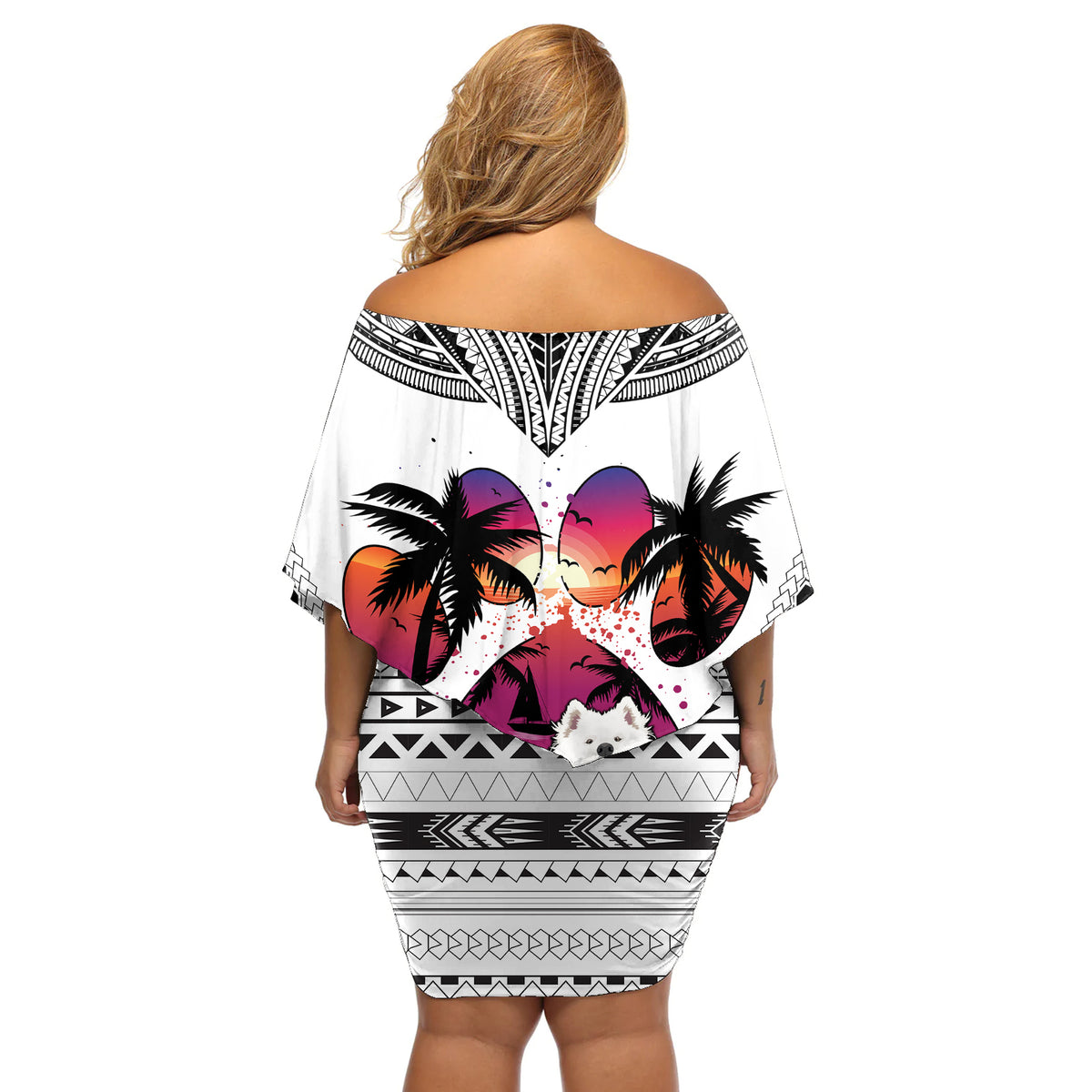 Polynesian Off Shoulder Short Dress Dog Lover With Samoyed - Sunset At The Beach White Ver - Wonder Print Shop