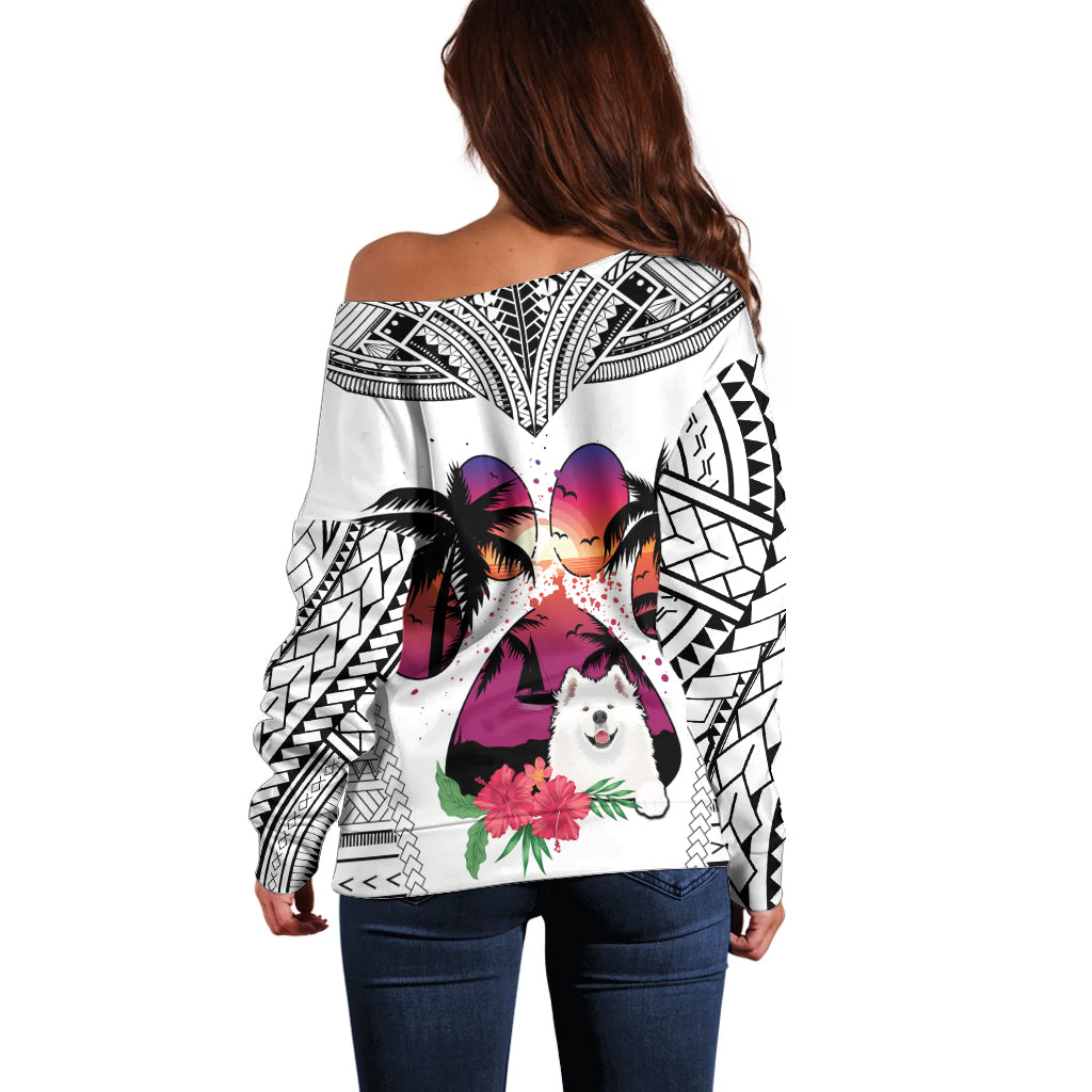 Polynesian Off Shoulder Sweater Dog Lover With Samoyed - Sunset At The Beach White Ver - Wonder Print Shop