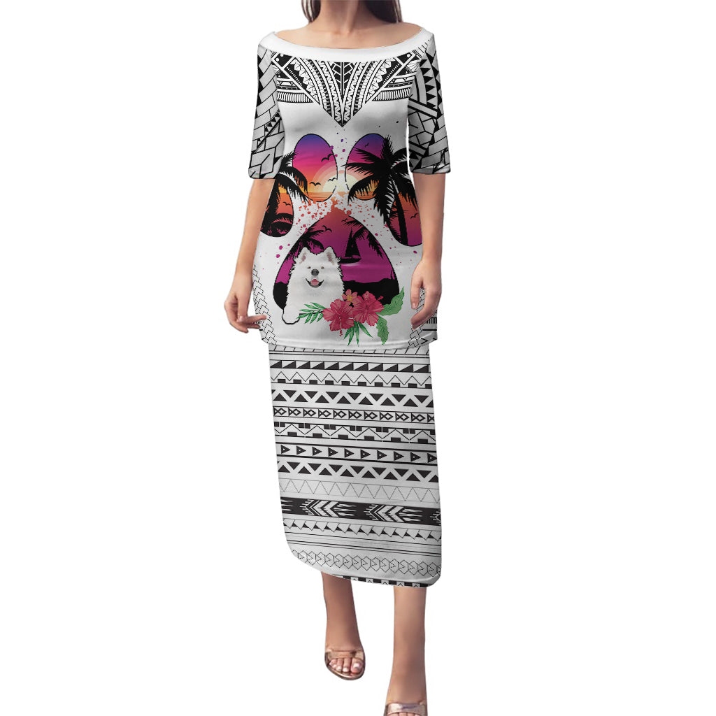 Polynesian Puletasi Dog Lover With Samoyed - Sunset At The Beach White Ver - Wonder Print Shop