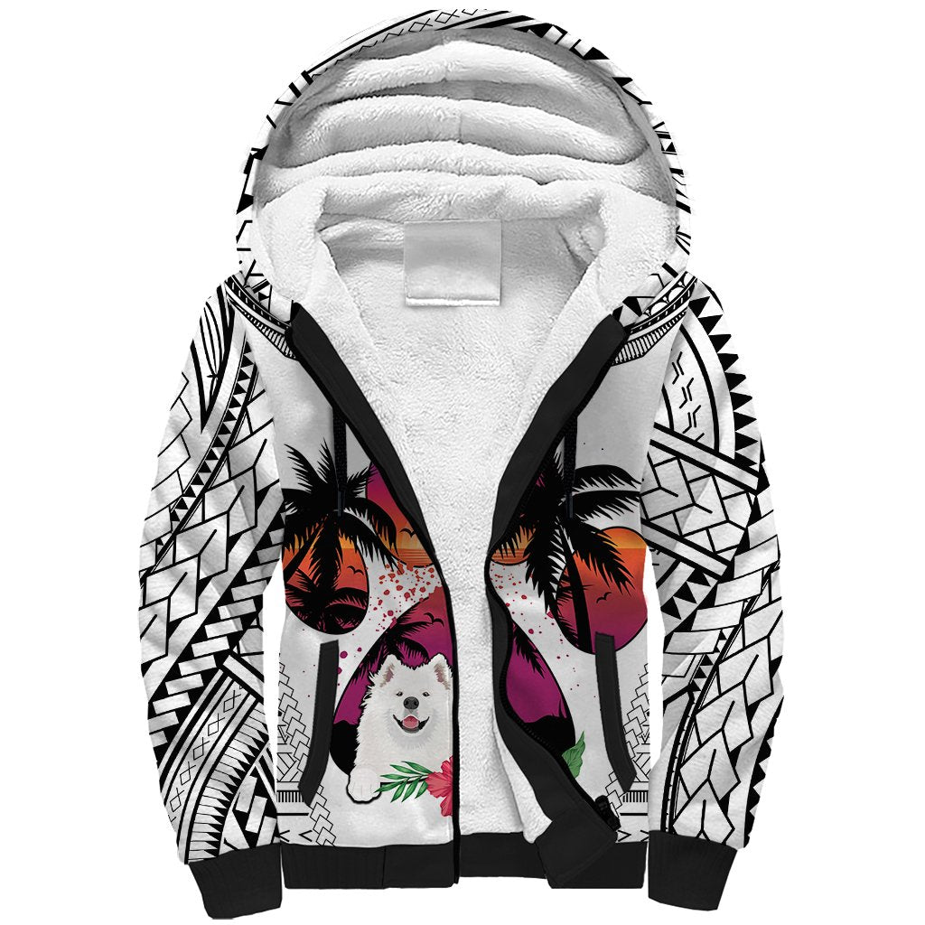Polynesian Sherpa Hoodie Dog Lover With Samoyed - Sunset At The Beach White Ver - Wonder Print Shop