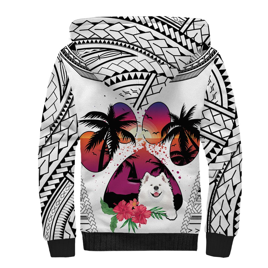 Polynesian Sherpa Hoodie Dog Lover With Samoyed - Sunset At The Beach White Ver - Wonder Print Shop
