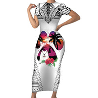 Polynesian Short Sleeve Bodycon Dress Dog Lover With Samoyed - Sunset At The Beach White Ver - Wonder Print Shop