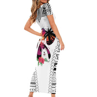 Polynesian Short Sleeve Bodycon Dress Dog Lover With Samoyed - Sunset At The Beach White Ver - Wonder Print Shop
