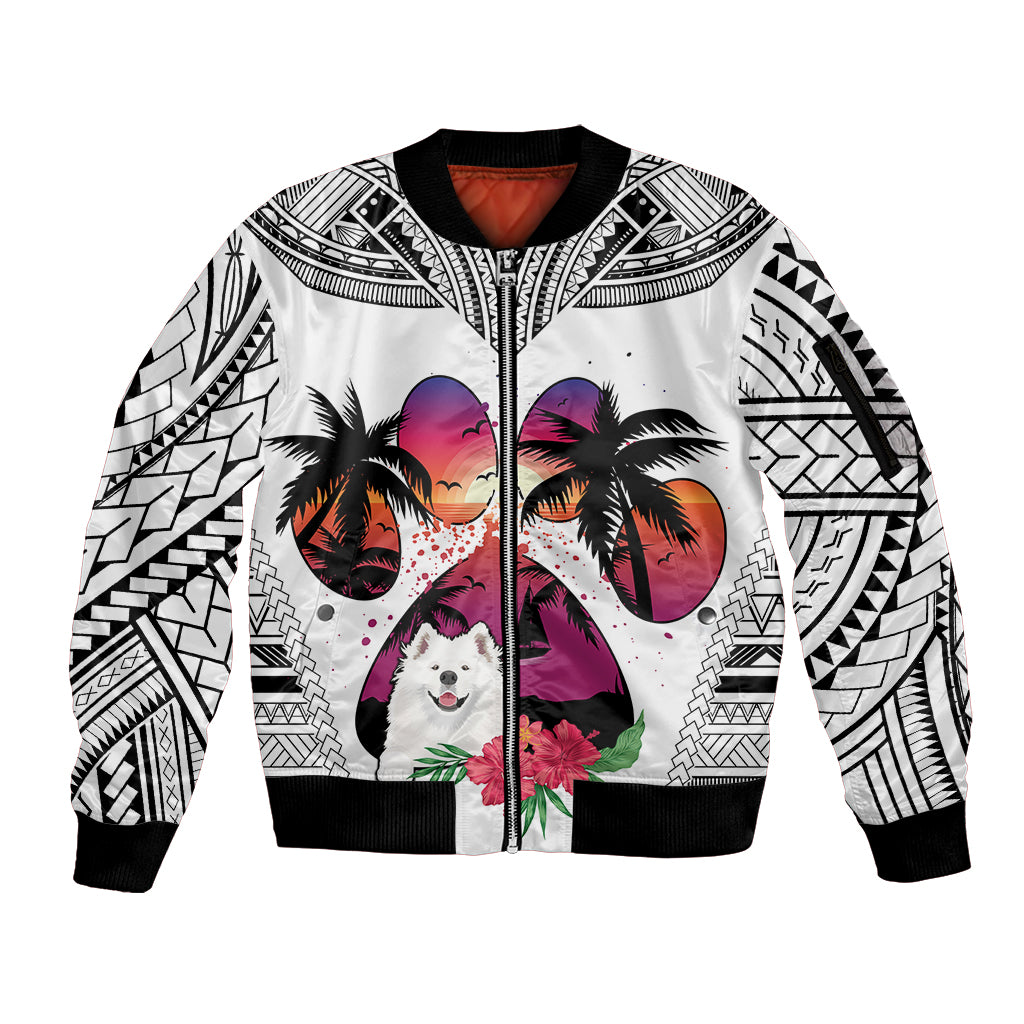 Polynesian Sleeve Zip Bomber Jacket Dog Lover With Samoyed - Sunset At The Beach White Ver - Wonder Print Shop