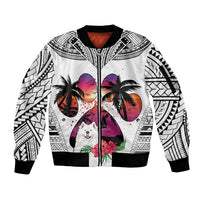 Polynesian Sleeve Zip Bomber Jacket Dog Lover With Samoyed - Sunset At The Beach White Ver - Wonder Print Shop