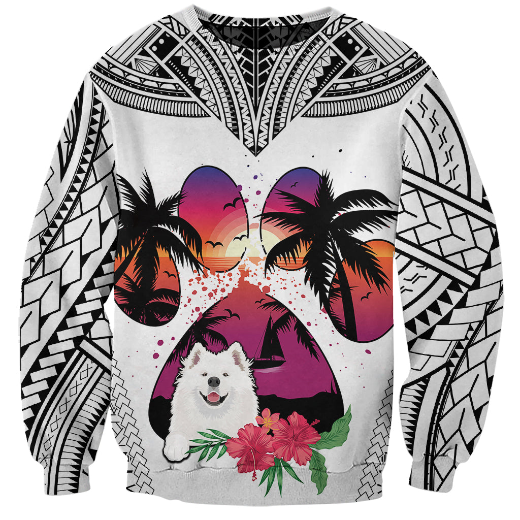 Polynesian Sweatshirt Dog Lover With Samoyed - Sunset At The Beach White Ver - Wonder Print Shop
