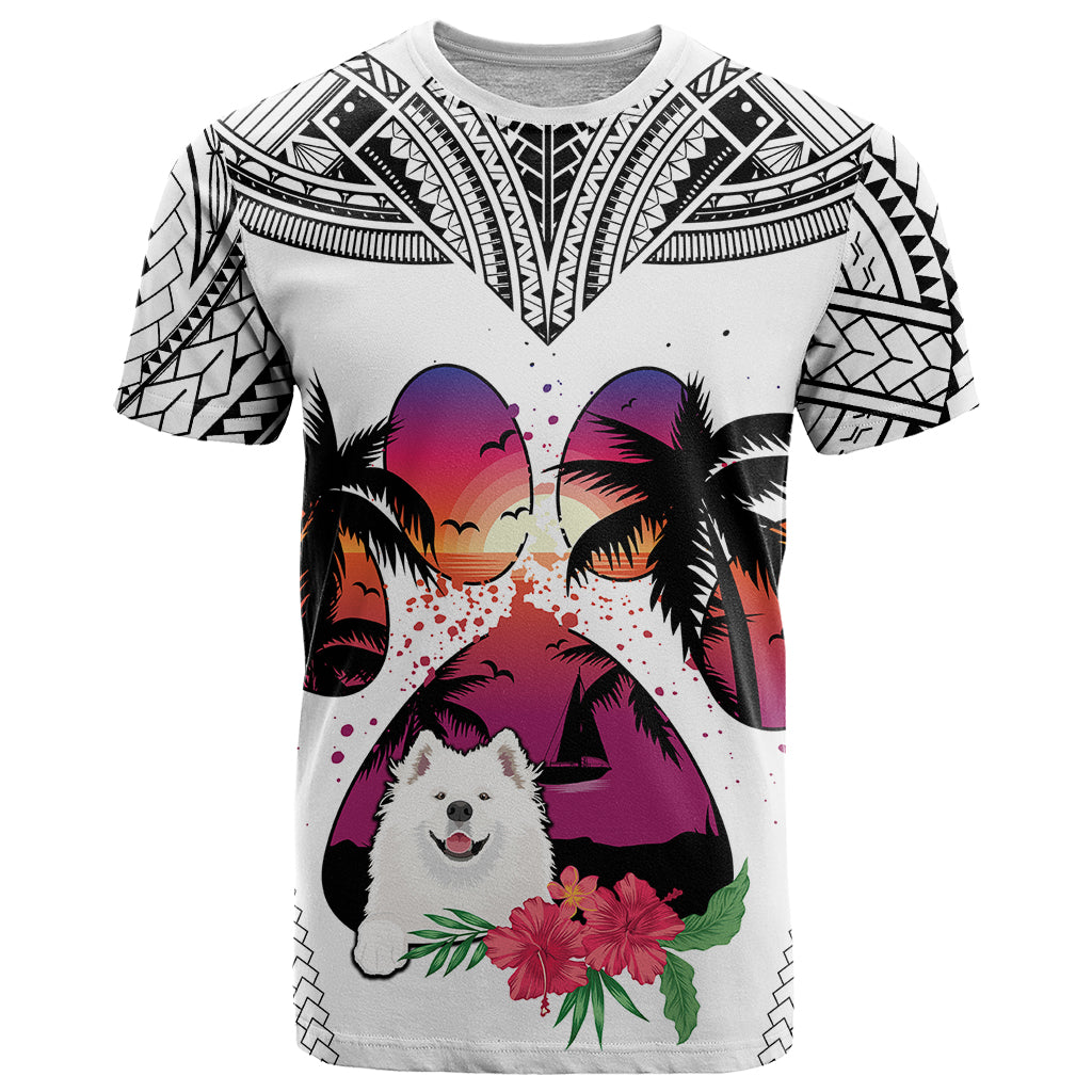 Polynesian T Shirt Dog Lover With Samoyed - Sunset At The Beach White Ver - Wonder Print Shop