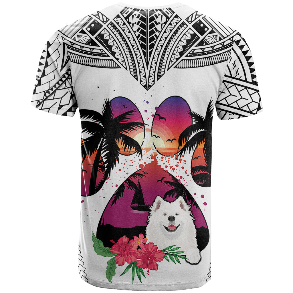 Polynesian T Shirt Dog Lover With Samoyed - Sunset At The Beach White Ver - Wonder Print Shop