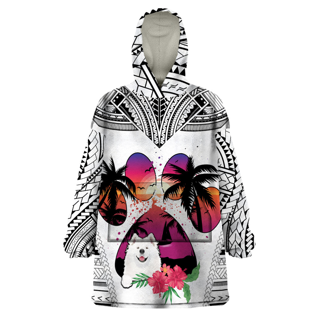 Polynesian Wearable Blanket Hoodie Dog Lover With Samoyed - Sunset At The Beach White Ver - Wonder Print Shop