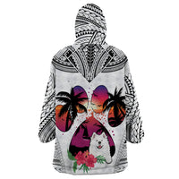 Polynesian Wearable Blanket Hoodie Dog Lover With Samoyed - Sunset At The Beach White Ver - Wonder Print Shop