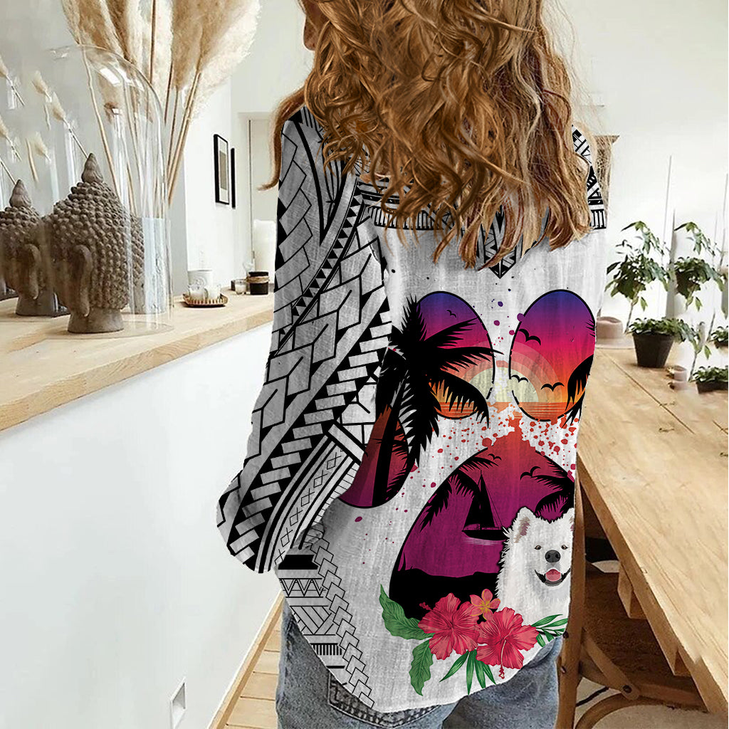 Polynesian Women Casual Shirt Dog Lover With Samoyed - Sunset At The Beach White Ver - Wonder Print Shop