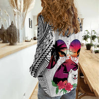 Polynesian Women Casual Shirt Dog Lover With Samoyed - Sunset At The Beach White Ver - Wonder Print Shop