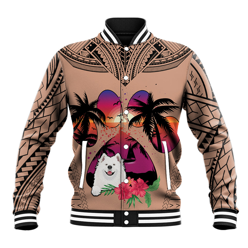 Polynesian Baseball Jacket Dog Lover With Samoyed - Sunset At The Beach Brown Ver LT7 - Wonder Print Shop
