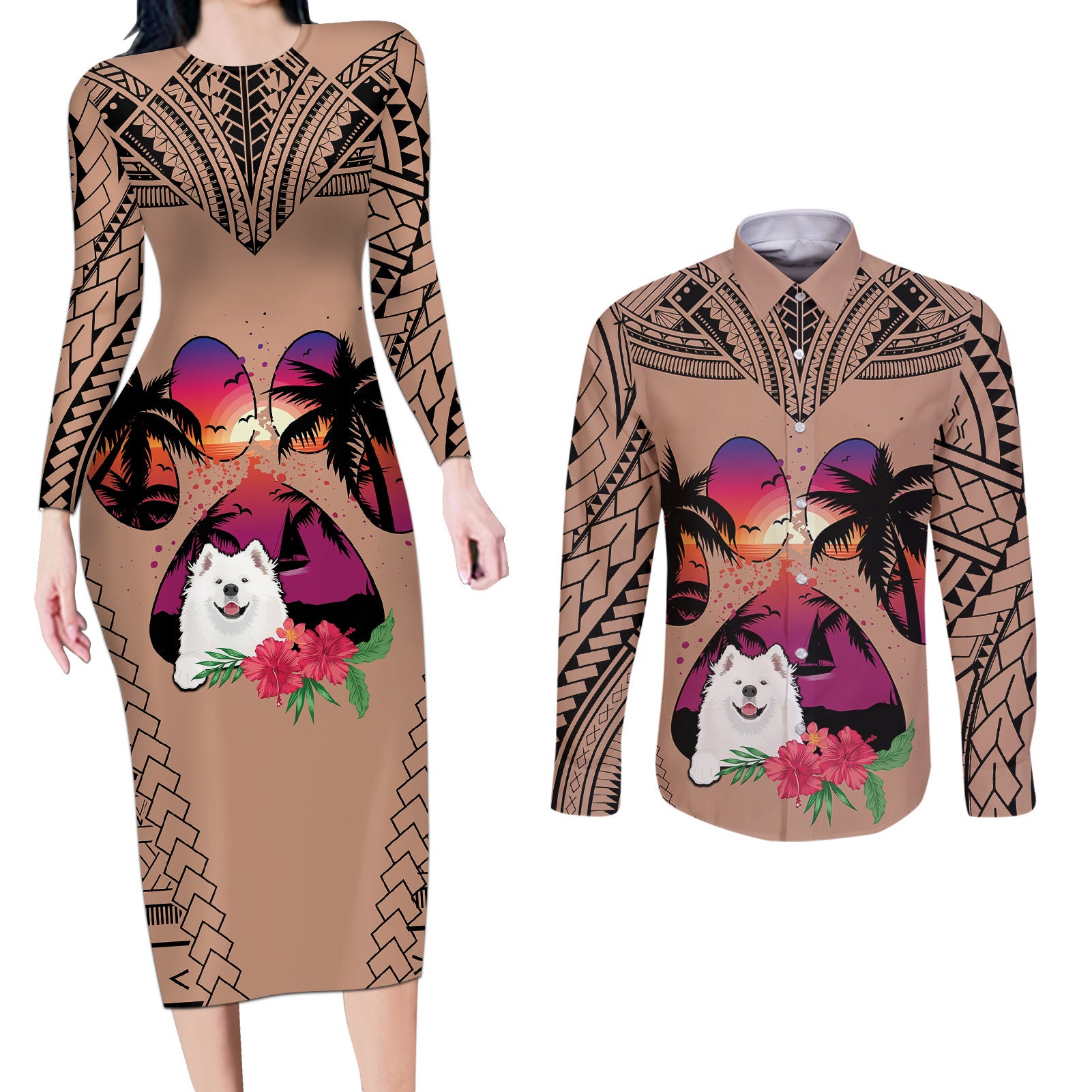 Polynesian Couples Matching Long Sleeve Bodycon Dress and Long Sleeve Button Shirts Dog Lover With Samoyed - Sunset At The Beach Brown Ver LT7 - Wonder Print Shop