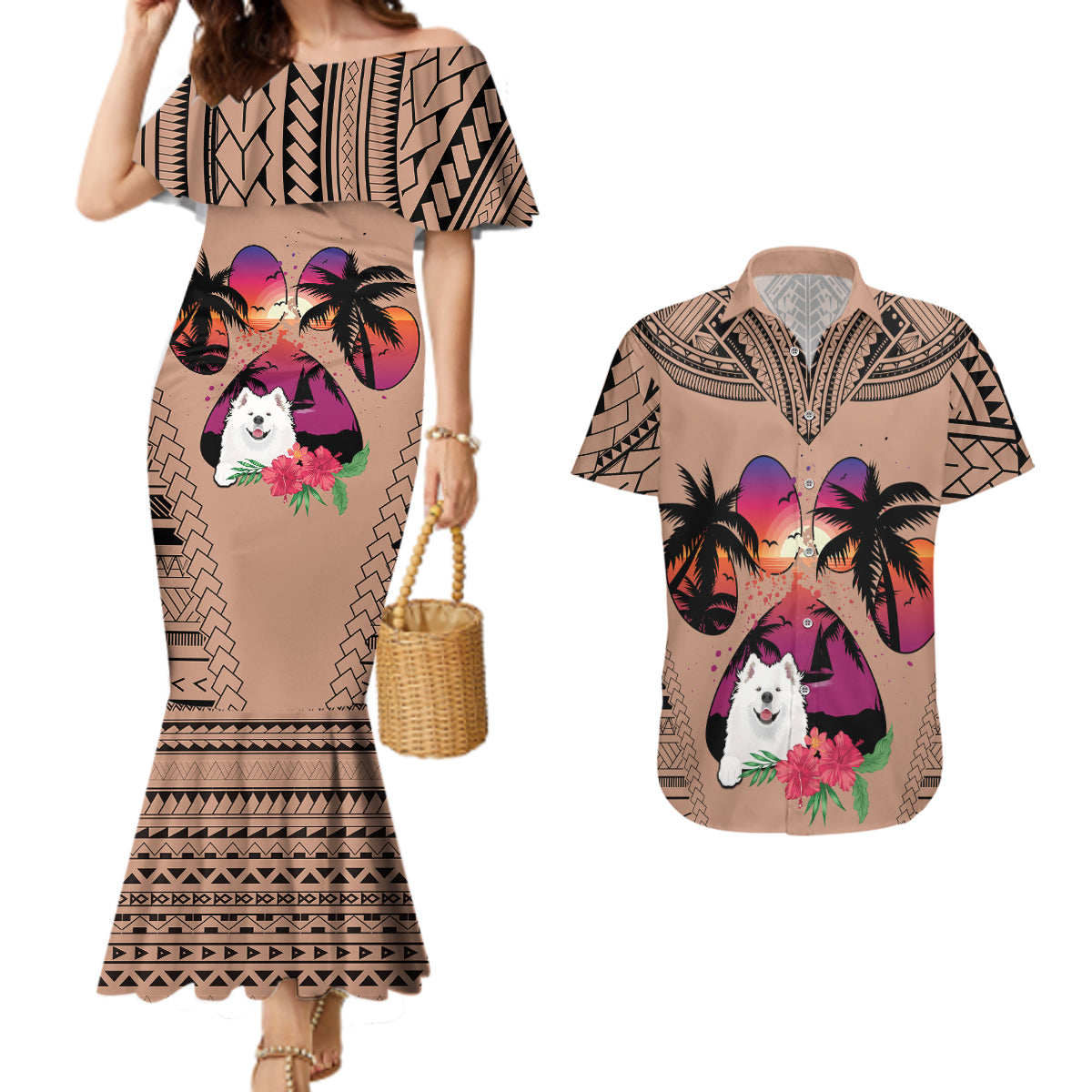 Polynesian Couples Matching Mermaid Dress and Hawaiian Shirt Dog Lover With Samoyed - Sunset At The Beach Brown Ver LT7 - Wonder Print Shop
