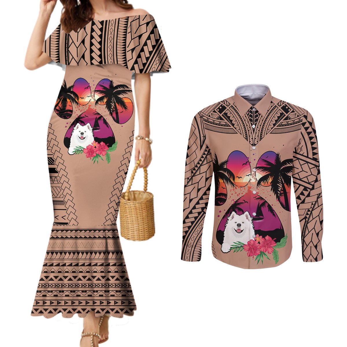 polynesian-couples-matching-mermaid-dress-and-long-sleeve-button-shirts-dog-lover-with-samoyed-sunset-at-the-beach-brown-ver
