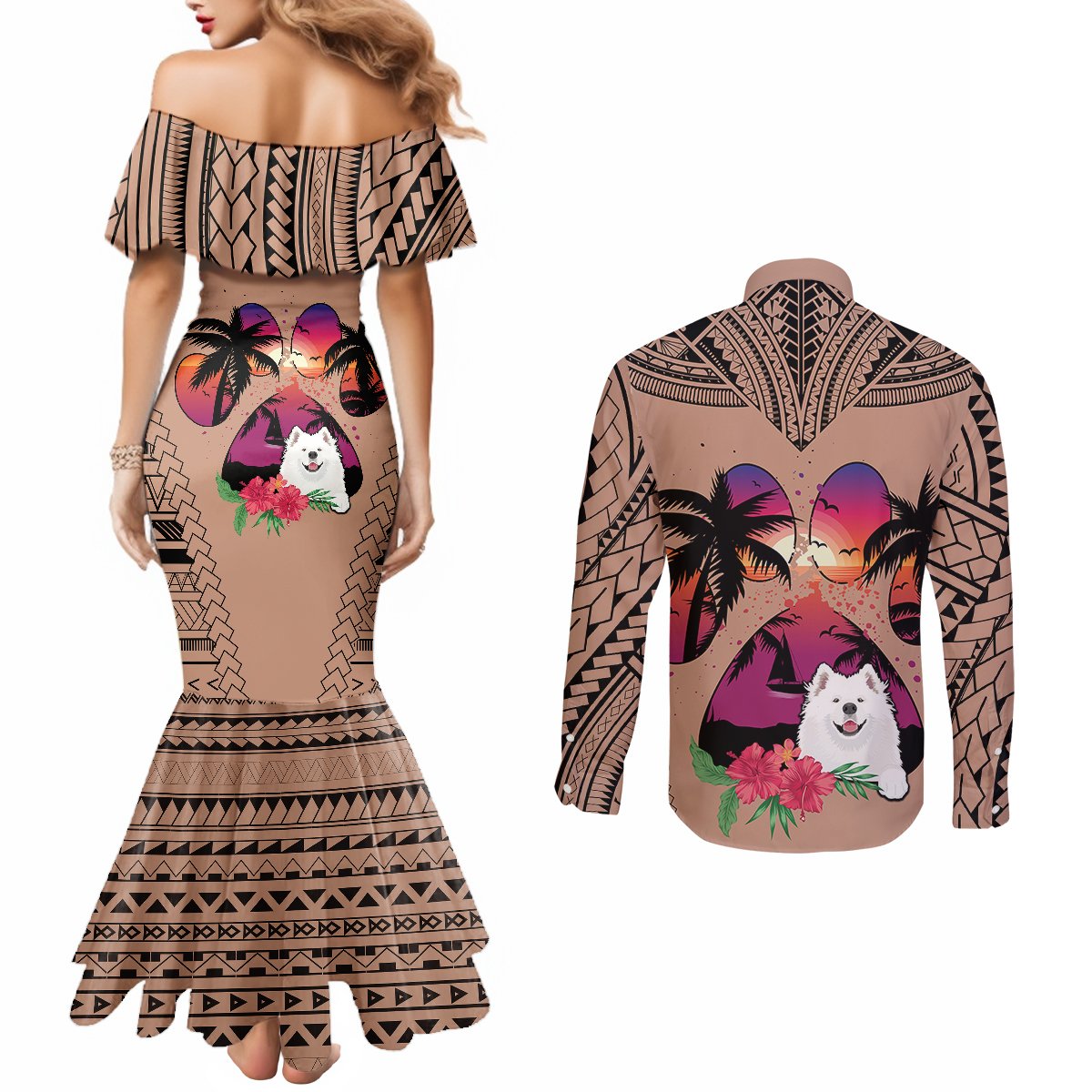 polynesian-couples-matching-mermaid-dress-and-long-sleeve-button-shirts-dog-lover-with-samoyed-sunset-at-the-beach-brown-ver