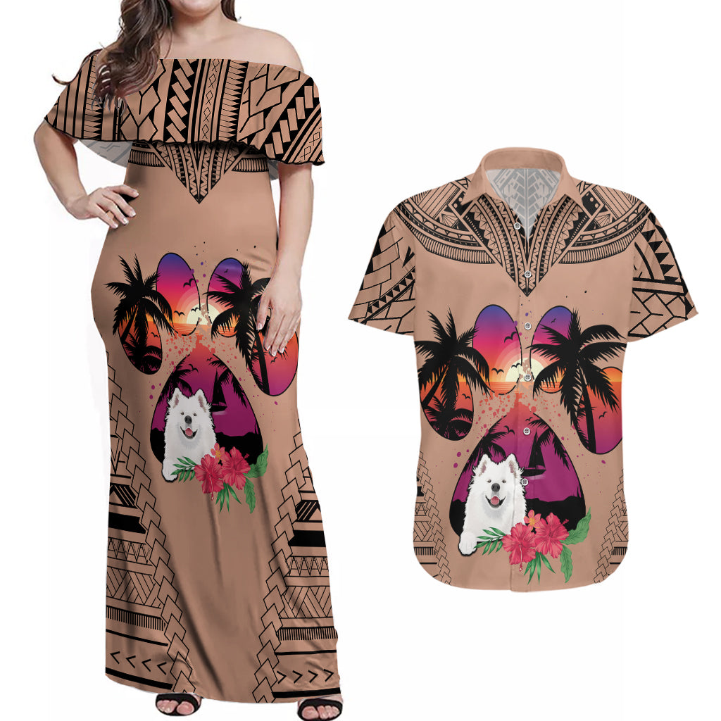 Polynesian Couples Matching Off Shoulder Maxi Dress and Hawaiian Shirt Dog Lover With Samoyed - Sunset At The Beach Brown Ver LT7 - Wonder Print Shop