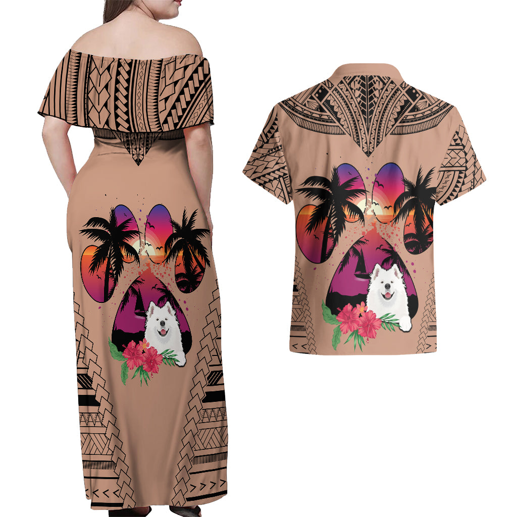 Polynesian Couples Matching Off Shoulder Maxi Dress and Hawaiian Shirt Dog Lover With Samoyed - Sunset At The Beach Brown Ver LT7 - Wonder Print Shop