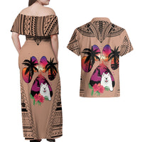 Polynesian Couples Matching Off Shoulder Maxi Dress and Hawaiian Shirt Dog Lover With Samoyed - Sunset At The Beach Brown Ver LT7 - Wonder Print Shop