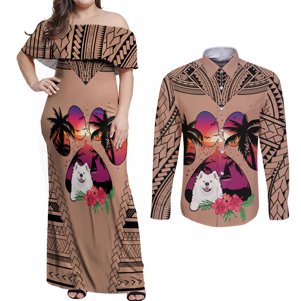 Polynesian Couples Matching Off Shoulder Maxi Dress and Long Sleeve Button Shirts Dog Lover With Samoyed - Sunset At The Beach Brown Ver LT7 - Wonder Print Shop