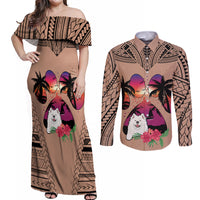 Polynesian Couples Matching Off Shoulder Maxi Dress and Long Sleeve Button Shirts Dog Lover With Samoyed - Sunset At The Beach Brown Ver LT7 - Wonder Print Shop