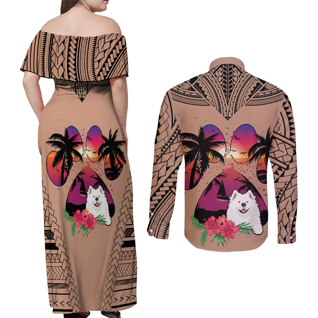 Polynesian Couples Matching Off Shoulder Maxi Dress and Long Sleeve Button Shirts Dog Lover With Samoyed - Sunset At The Beach Brown Ver LT7 - Wonder Print Shop