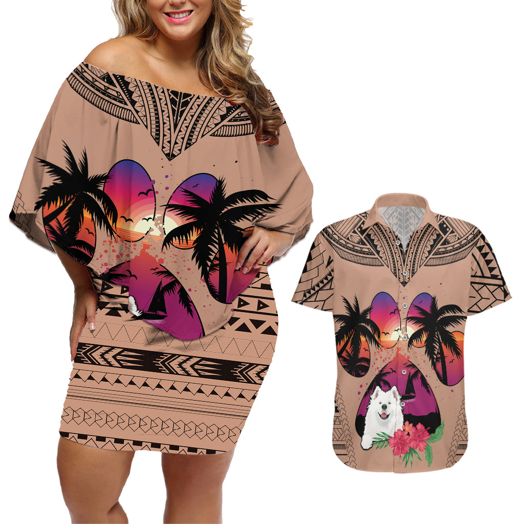 Polynesian Couples Matching Off Shoulder Short Dress and Hawaiian Shirt Dog Lover With Samoyed - Sunset At The Beach Brown Ver LT7 - Wonder Print Shop