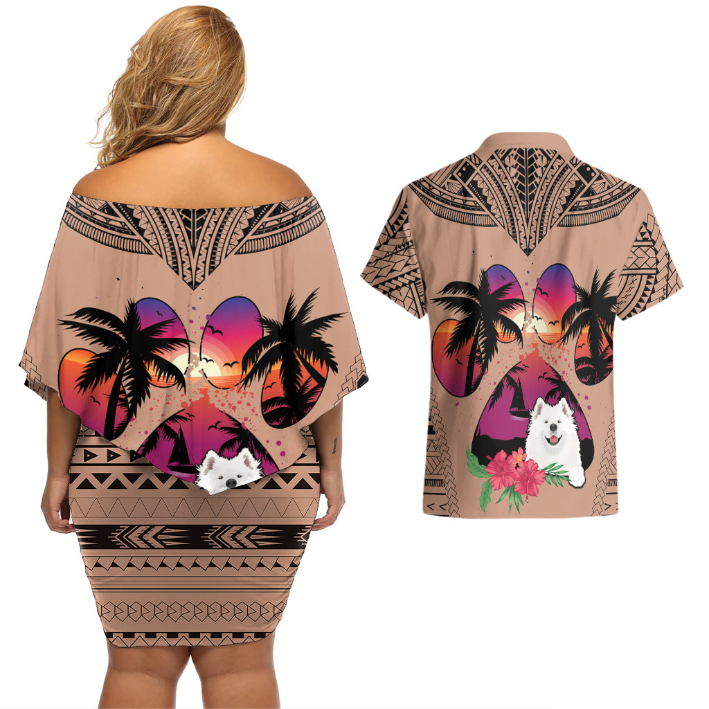 Polynesian Couples Matching Off Shoulder Short Dress and Hawaiian Shirt Dog Lover With Samoyed - Sunset At The Beach Brown Ver LT7 - Wonder Print Shop