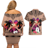 Polynesian Couples Matching Off Shoulder Short Dress and Hawaiian Shirt Dog Lover With Samoyed - Sunset At The Beach Brown Ver LT7 - Wonder Print Shop