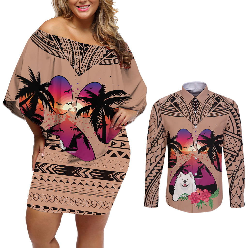 Polynesian Couples Matching Off Shoulder Short Dress and Long Sleeve Button Shirts Dog Lover With Samoyed - Sunset At The Beach Brown Ver LT7 - Wonder Print Shop