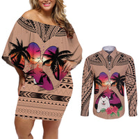 Polynesian Couples Matching Off Shoulder Short Dress and Long Sleeve Button Shirts Dog Lover With Samoyed - Sunset At The Beach Brown Ver LT7 - Wonder Print Shop