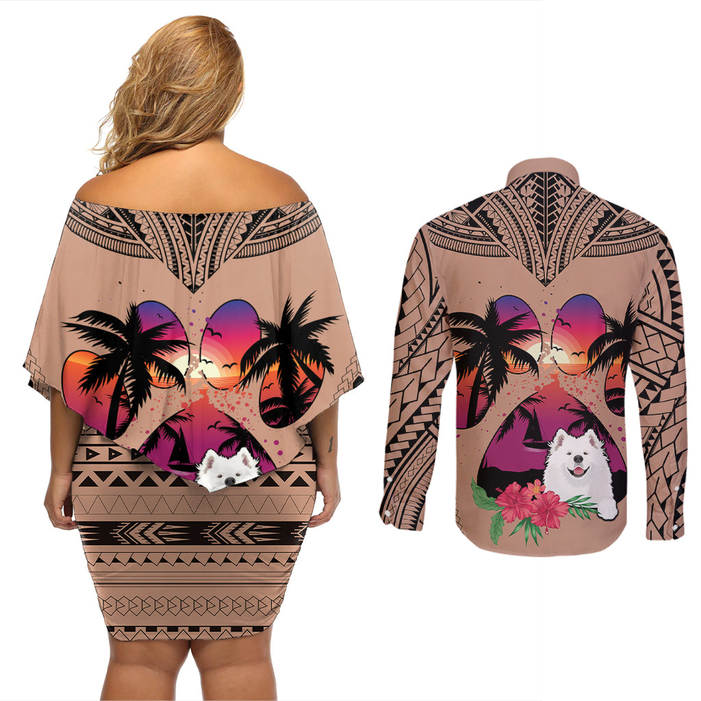 Polynesian Couples Matching Off Shoulder Short Dress and Long Sleeve Button Shirts Dog Lover With Samoyed - Sunset At The Beach Brown Ver LT7 - Wonder Print Shop