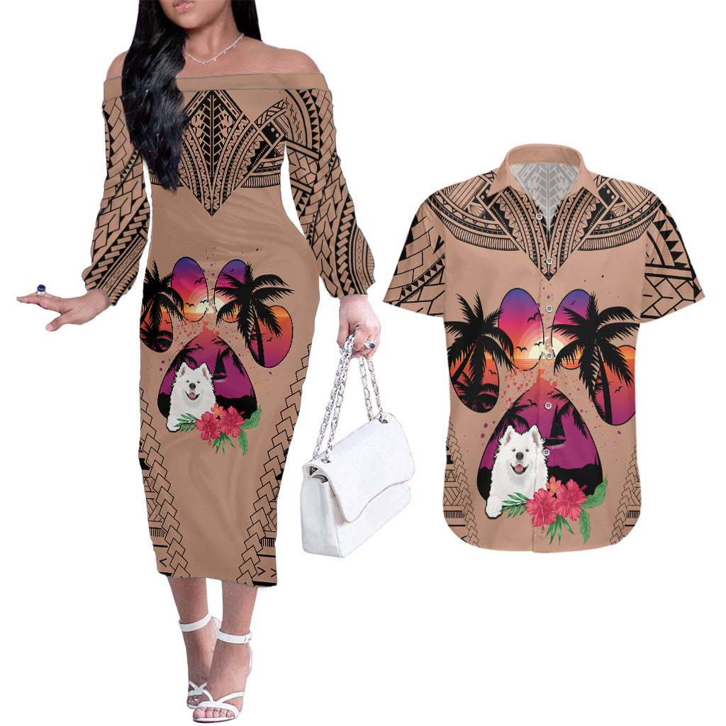 Polynesian Couples Matching Off The Shoulder Long Sleeve Dress and Hawaiian Shirt Dog Lover With Samoyed - Sunset At The Beach Brown Ver LT7 - Wonder Print Shop