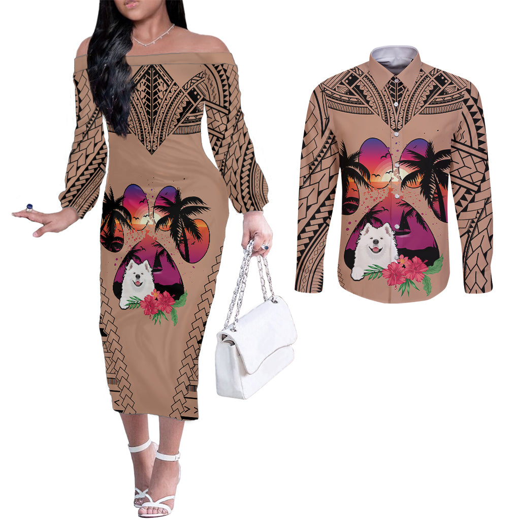polynesian-couples-matching-off-the-shoulder-long-sleeve-dress-and-long-sleeve-button-shirts-dog-lover-with-samoyed-sunset-at-the-beach-brown-ver