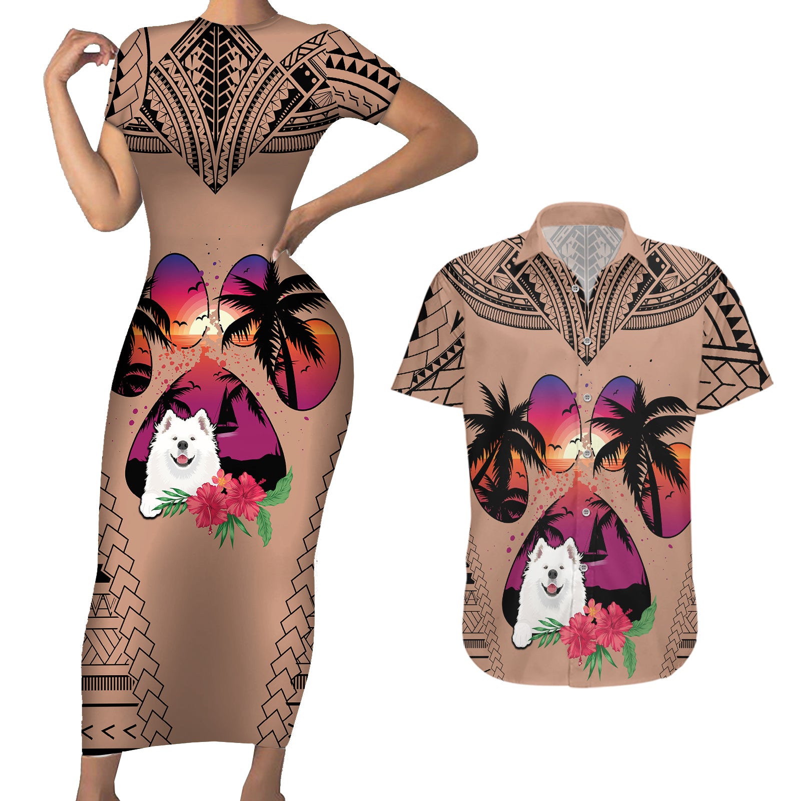 Polynesian Couples Matching Short Sleeve Bodycon Dress and Hawaiian Shirt Dog Lover With Samoyed - Sunset At The Beach Brown Ver LT7 - Wonder Print Shop
