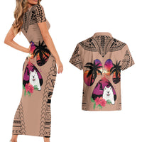 Polynesian Couples Matching Short Sleeve Bodycon Dress and Hawaiian Shirt Dog Lover With Samoyed - Sunset At The Beach Brown Ver LT7 - Wonder Print Shop