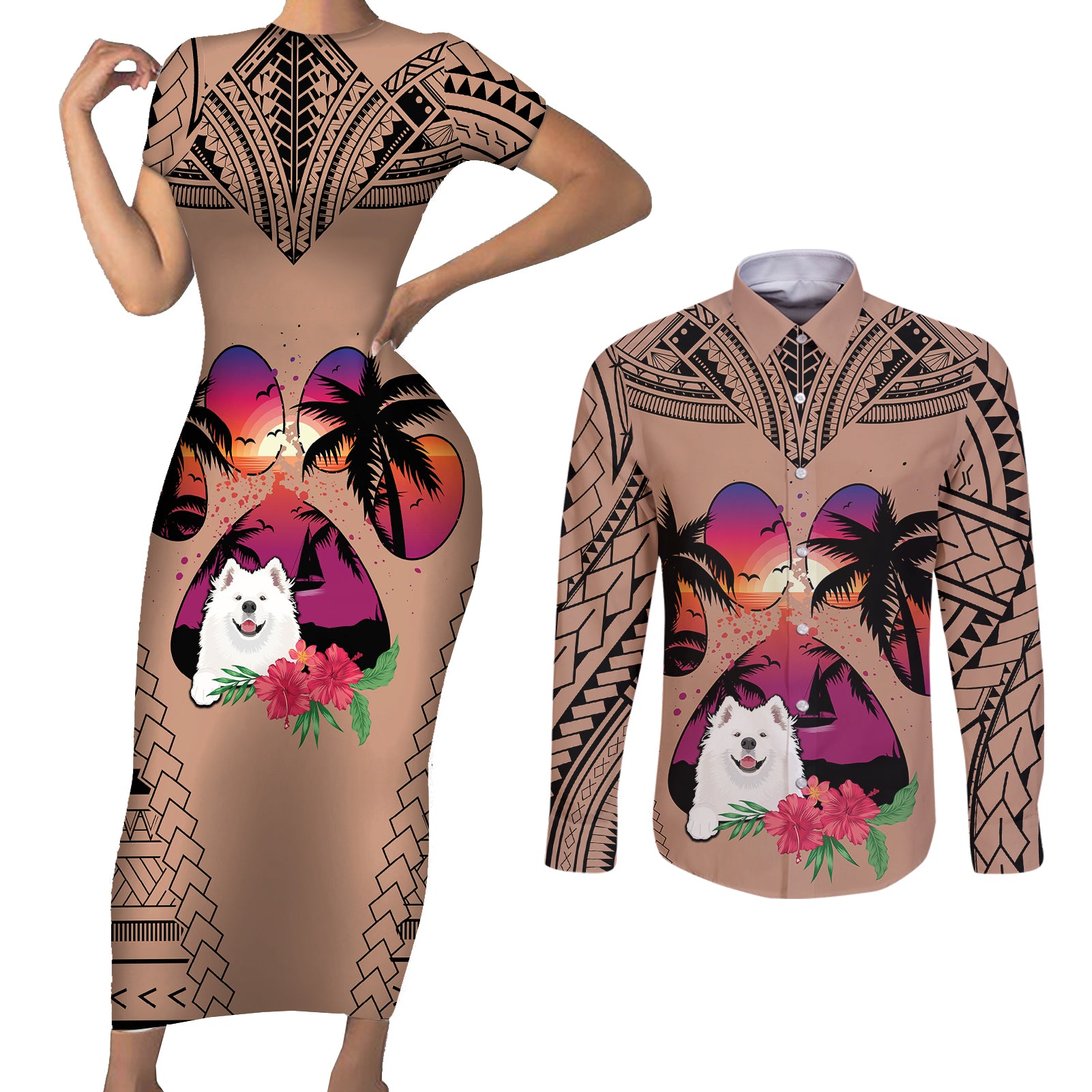 Polynesian Couples Matching Short Sleeve Bodycon Dress and Long Sleeve Button Shirts Dog Lover With Samoyed - Sunset At The Beach Brown Ver LT7 - Wonder Print Shop
