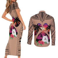 Polynesian Couples Matching Short Sleeve Bodycon Dress and Long Sleeve Button Shirts Dog Lover With Samoyed - Sunset At The Beach Brown Ver LT7 - Wonder Print Shop